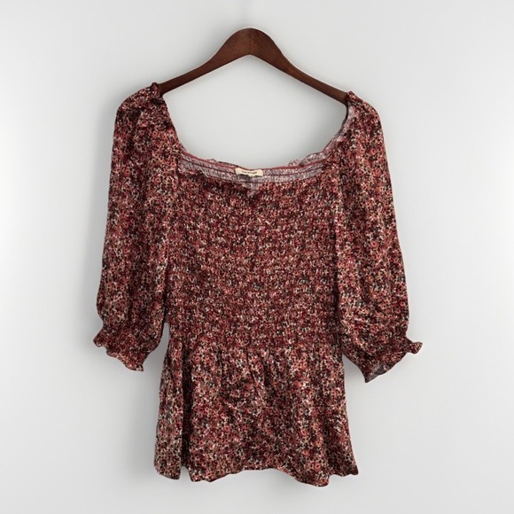 MAX STUDIO Smocked Boho Ditsy Floral Puff Sleeve Top Size L - Picture 2 of 9